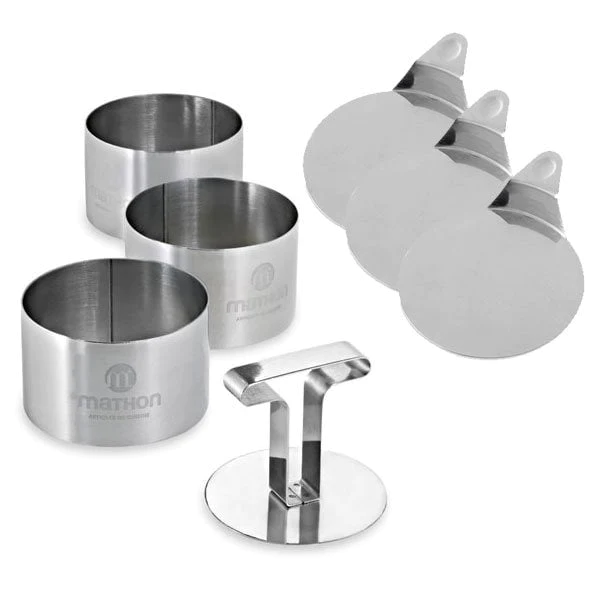Lot 3 cercles de présentation en inox avec poussoir + 3 supports