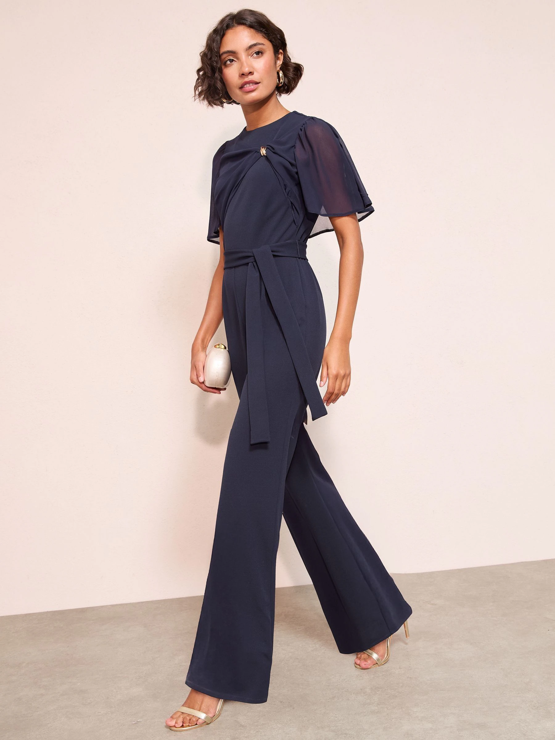 Marineblauw - Friends Like These Scuba Jumpsuit With Chiffon Overlay