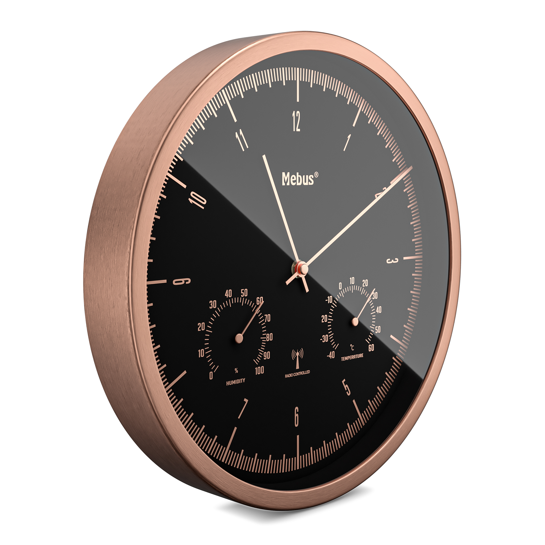MEBUS Funk-Wanduhr - roségold-schwarz - Thermo-/Hygrometer - Ø 25 cm