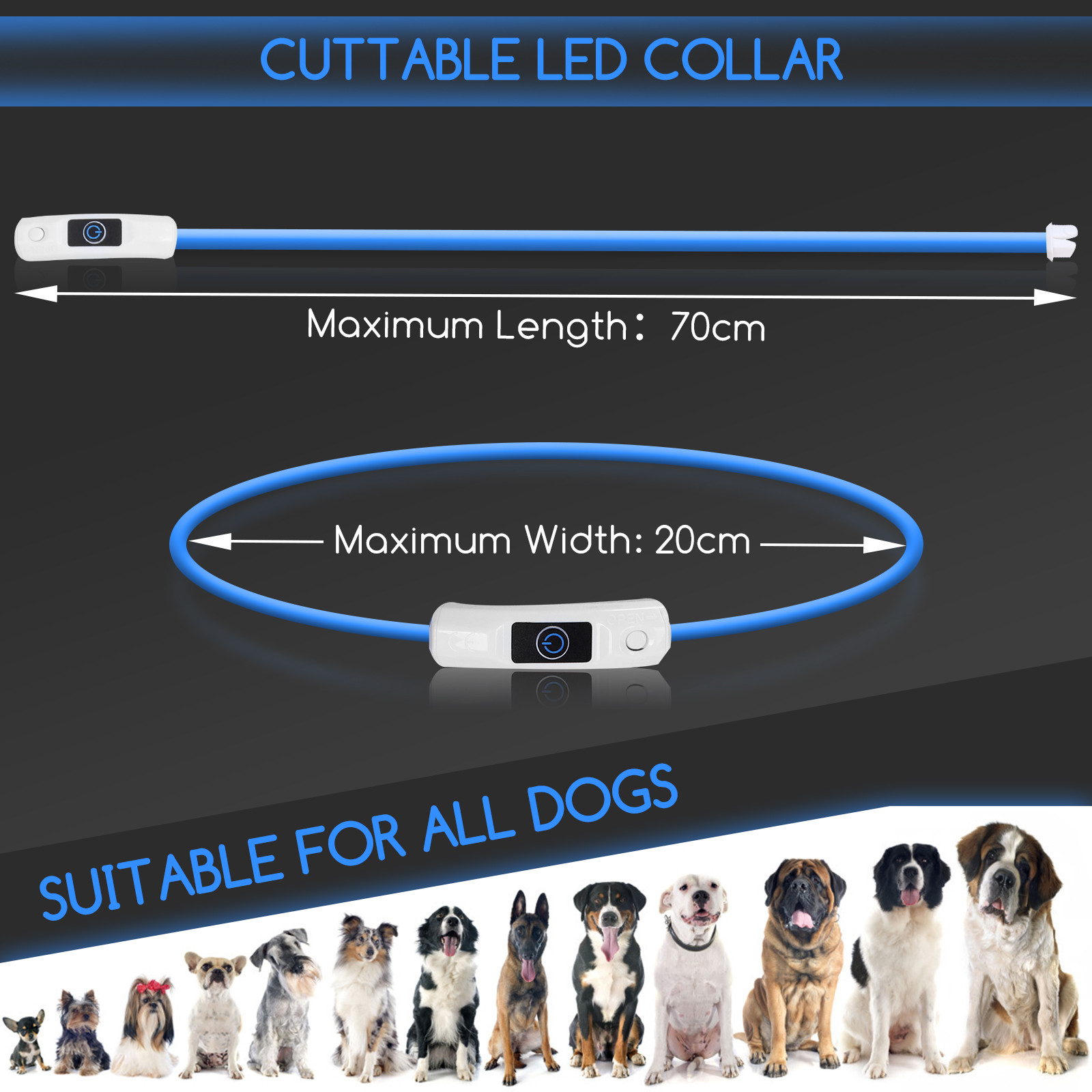 Nobleza - 2 coleiras de segurança personalizadas com luzes, 3 modos de iluminação, recarregáveis via USB, ajustáveis e à prova d'água, para cães de pequeno, médio e grande porte (azul)
