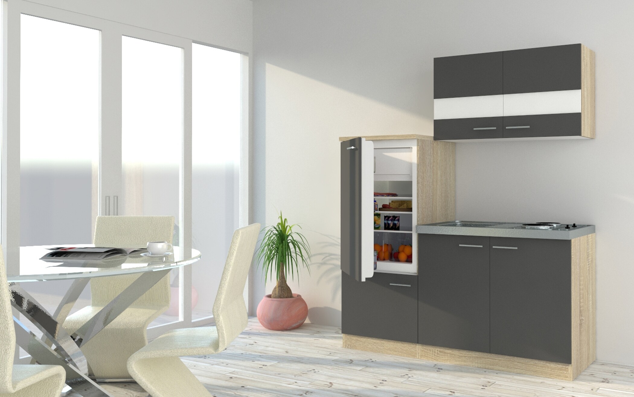 Respekta Economy Küchenzeile KB160ESG 160 cm, Grau mit Pantryauflage