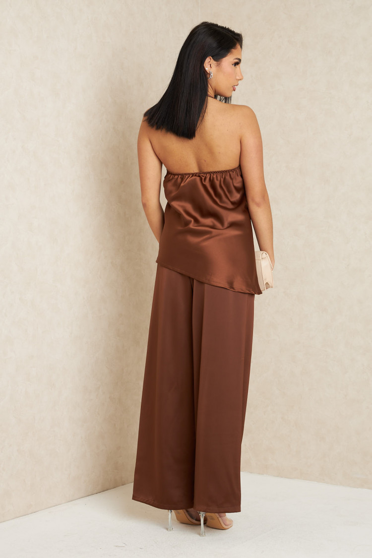 Ensemble 2 pièces top + pantalon satiné marron