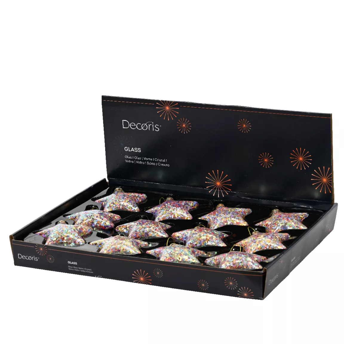 Lot de 12 étoiles de Noël en verre (D90 mm) Paillettes festives Multicolores