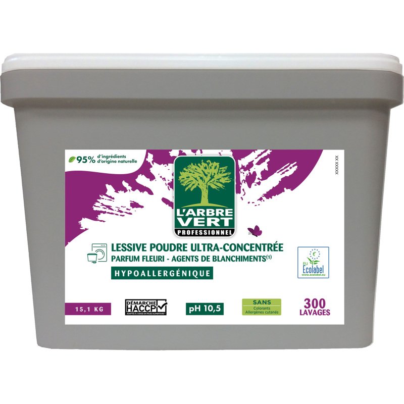 Lessive poudre Ultra-concentrée Hypoallergénique L'Arbre Vert professionnel - 300 lavages - Seau de 15,1 kg