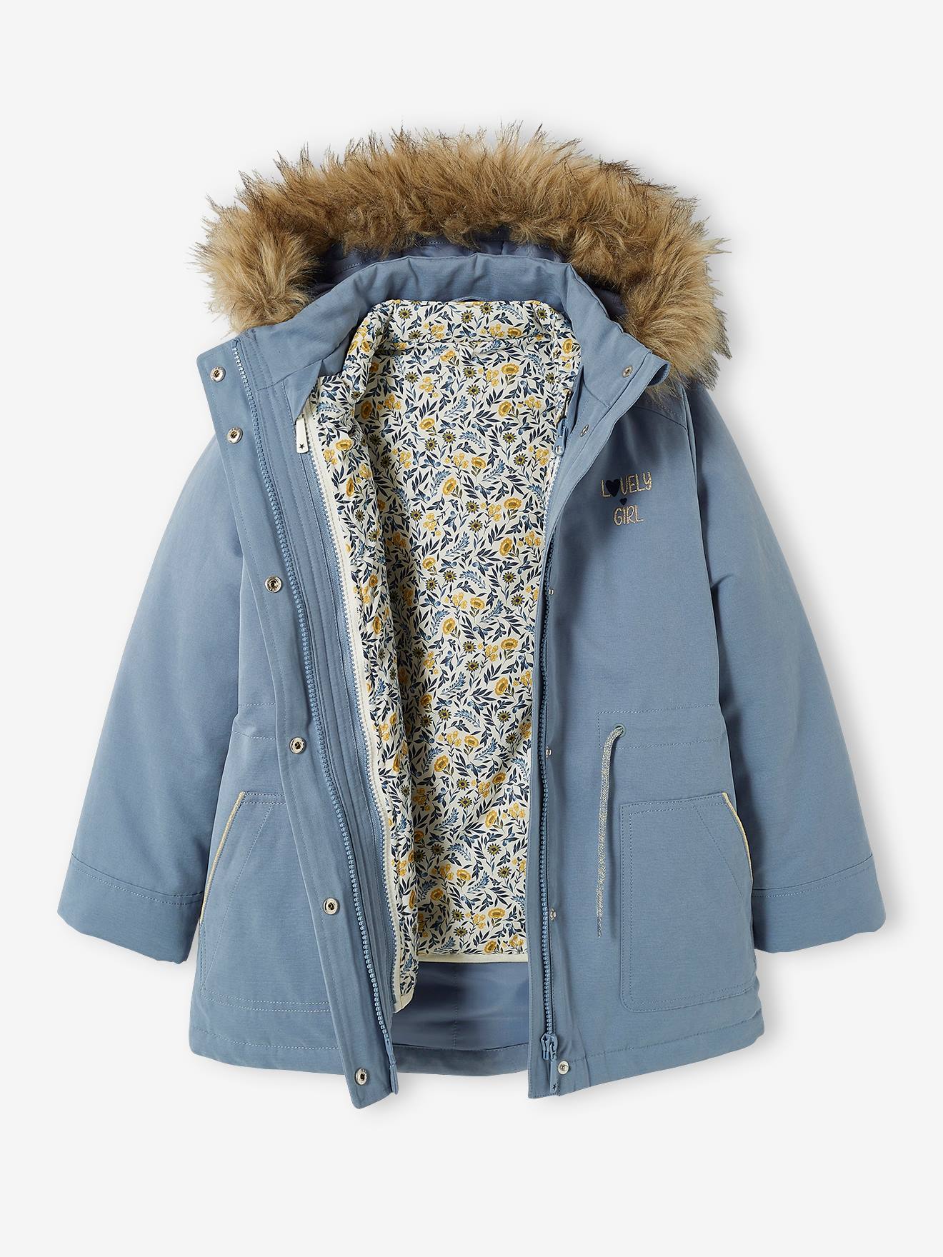 Parka com capuz 3 em 1, verde-escura lisa para meninas