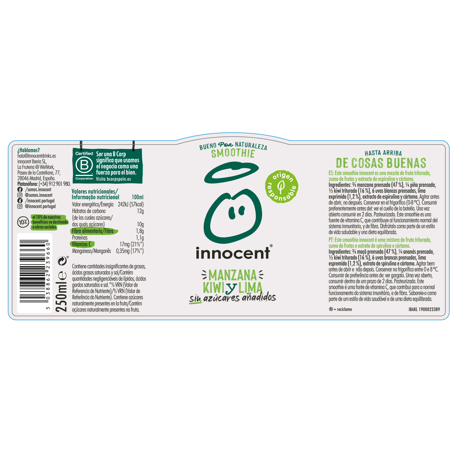 SMOOTHIE INNOCENT MAÇÃ KIWI E LIMA 250 ML