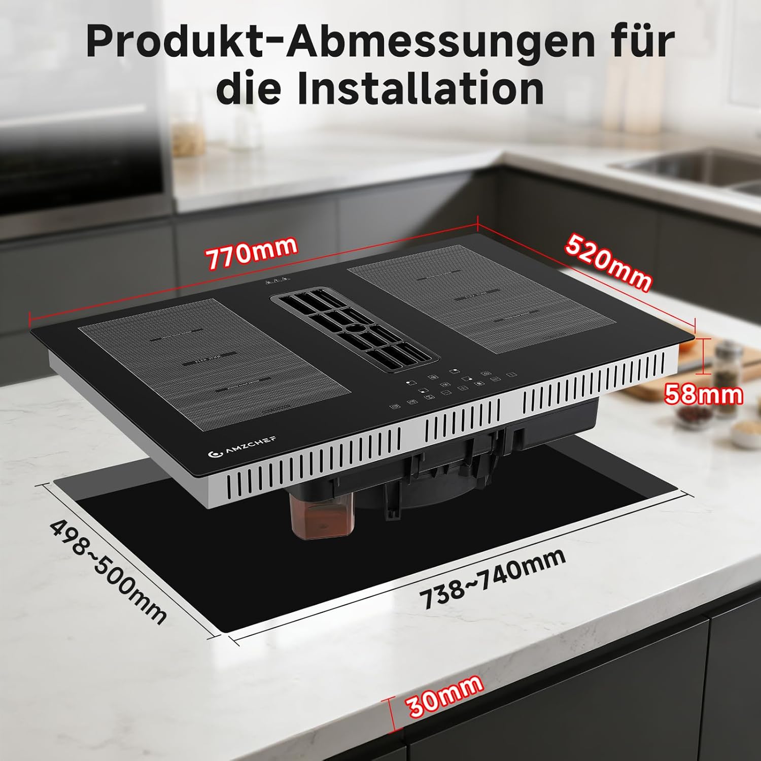 AMZCHEF Induktionskochfeld mit Integriertem Dunstabzug, 4 Kochzonen, 7200W Gesamtleistung, 650m³/h Automatische Hob2Hood-Belüftung, 9 Leistungsstufen, Timer & Kindersicherung, Boost & Flexzonen