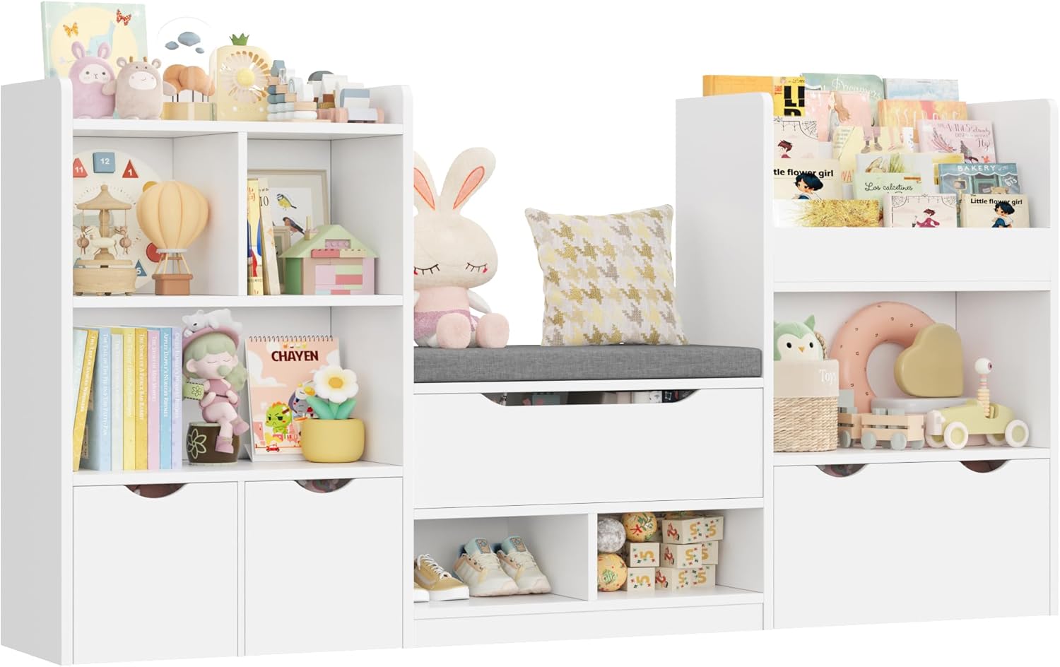 FOREHILL 183cm Breit Kinderregal mit Sitzbank, Kinderzimmer Möbel mit 3 Aufbewahrungsboxen für Spielzeug Bücherregal für Kinder mit 3 Ebenen, Regal für Kinderzimmer Leseecke 183,5x94,5x29,8 cm Weiß