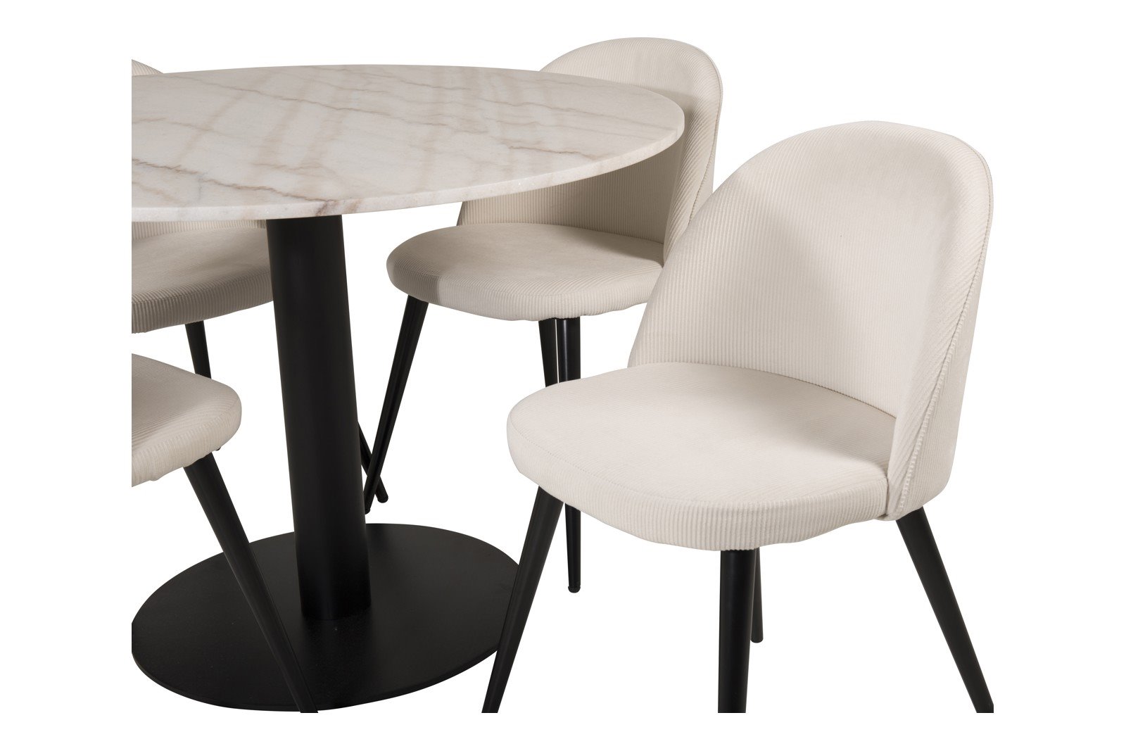 Estelle og Velvet Spisegruppe Estelle rundt spisebord ø106 cm i hvit med 4 stk. Velvet spisestoler i Krem fløyel og sorte ben.