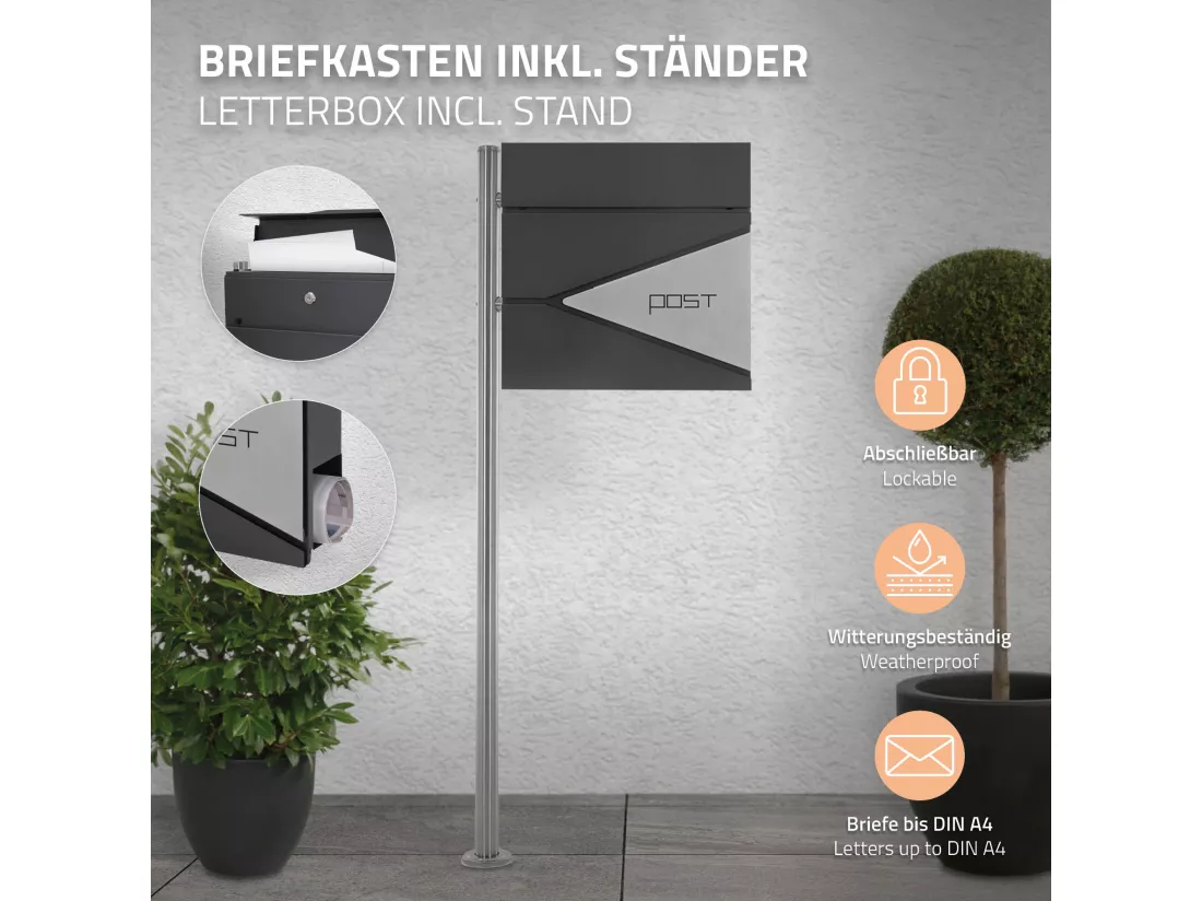 Boîte aux lettres sur une pied boîte postale anthracite/argent ML-Design