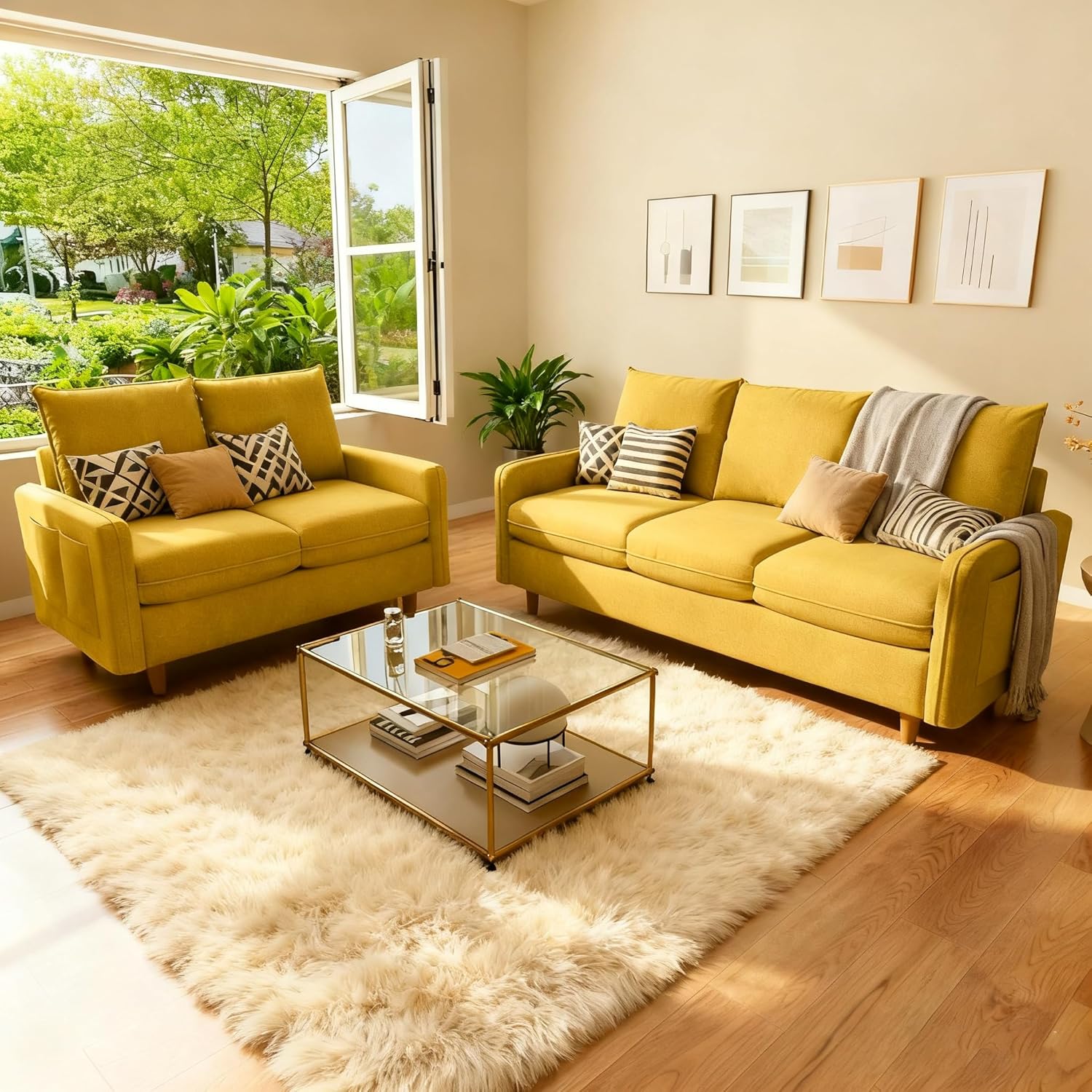3-Sitzer +2-Sitzer Sofa, Kleines Sofa mit Massivholzbeinen und Seitentaschen, Abnehmbare Bezüge, Kurzplüschstoff Couch für Wohnzimmer, Schlafzimmer, Büro, Wohnung,Gelb (221+147 cm)