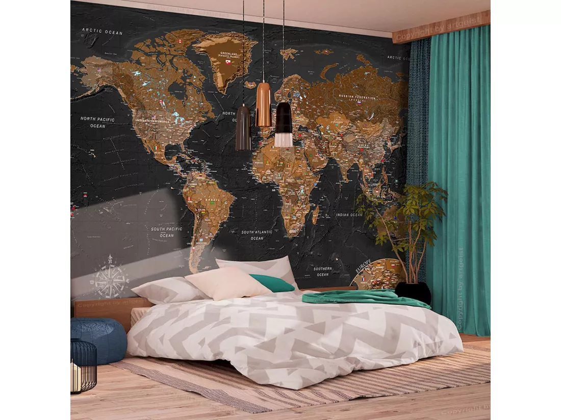 Papier peint adhésif Carte du monde stylisée en brun et noir - 294 x 210 cm