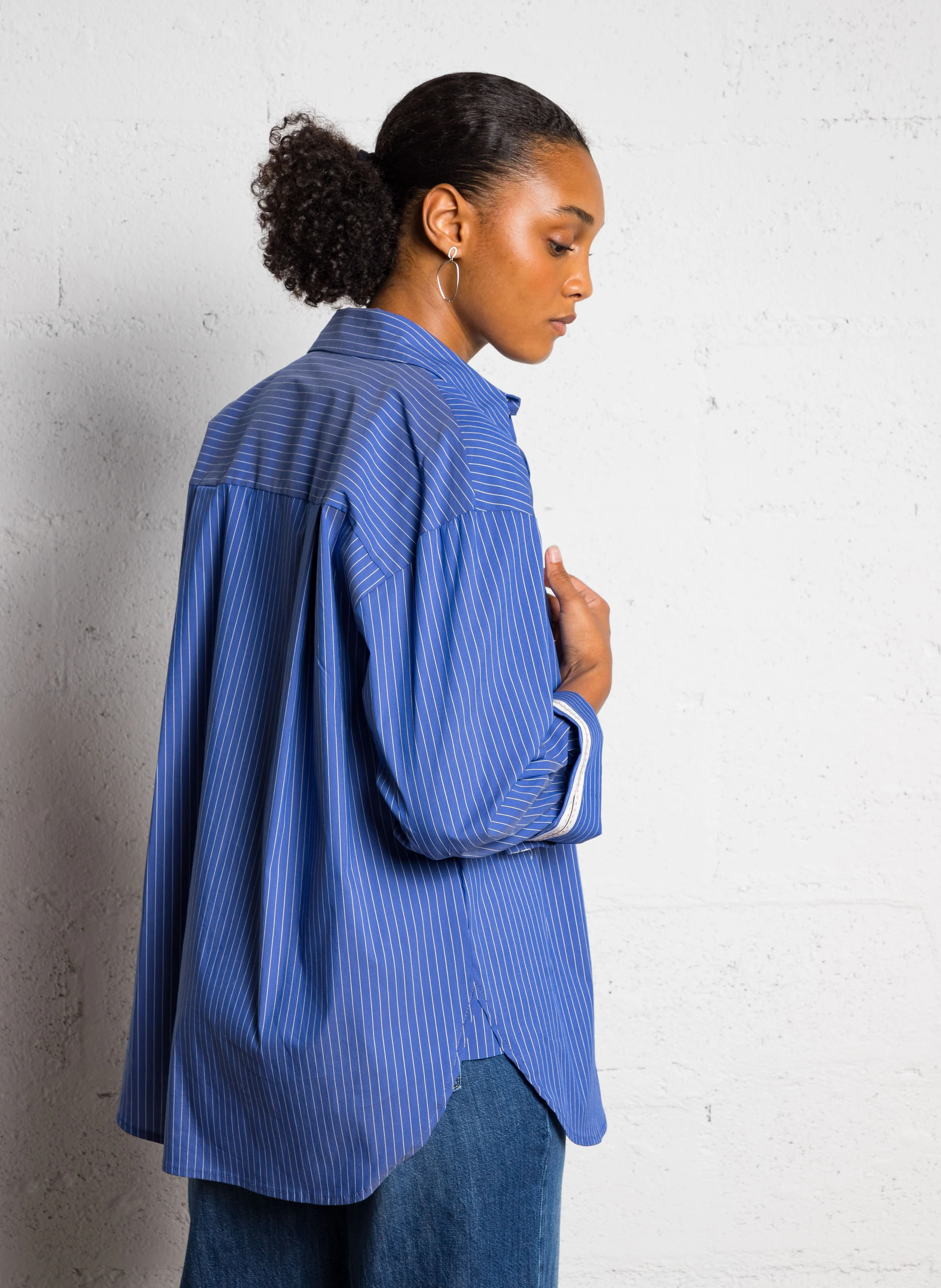 Chemise col classique rayée en coton mélangé | Bleu