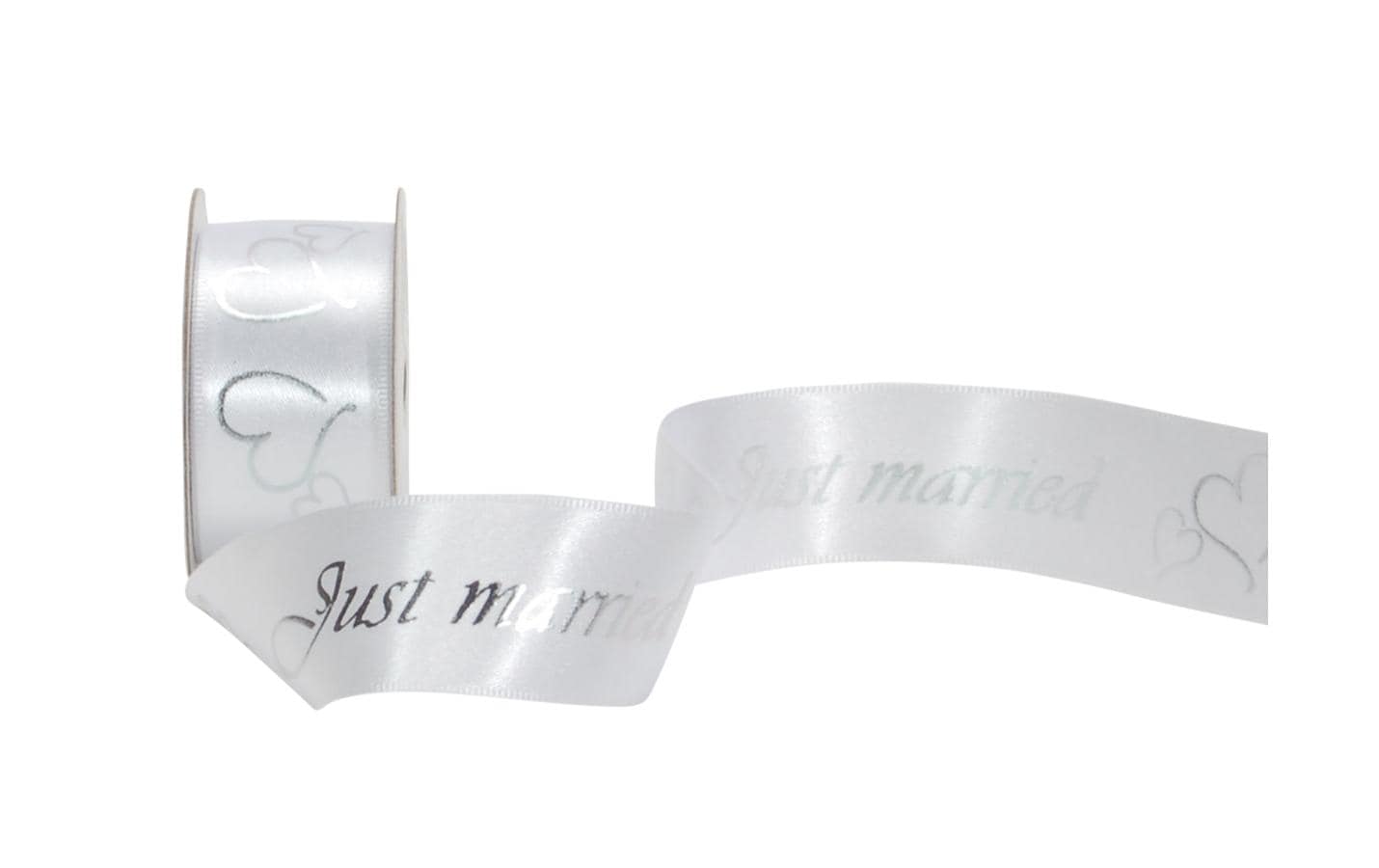 Geschenkband Cubino Just Married 25 mm x 3 m, Silber/WeissStoffband zum Verpacken von Geschenken