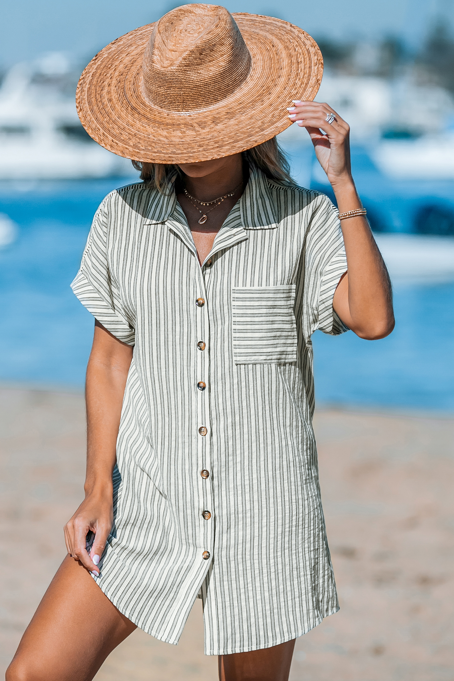 Robe cover up en pur coton mini avec col chemise à rayures