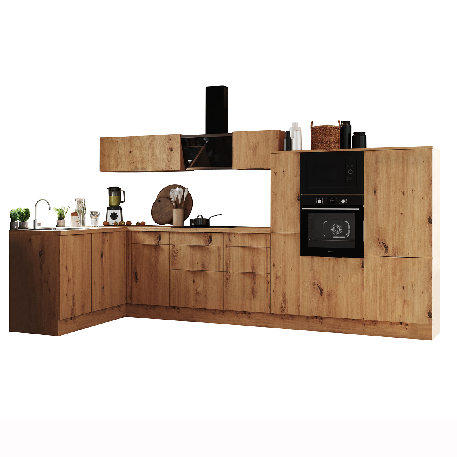 RESPEKTA Winkelküche - Artisan Eiche - mit E-Geräten - 370 cm