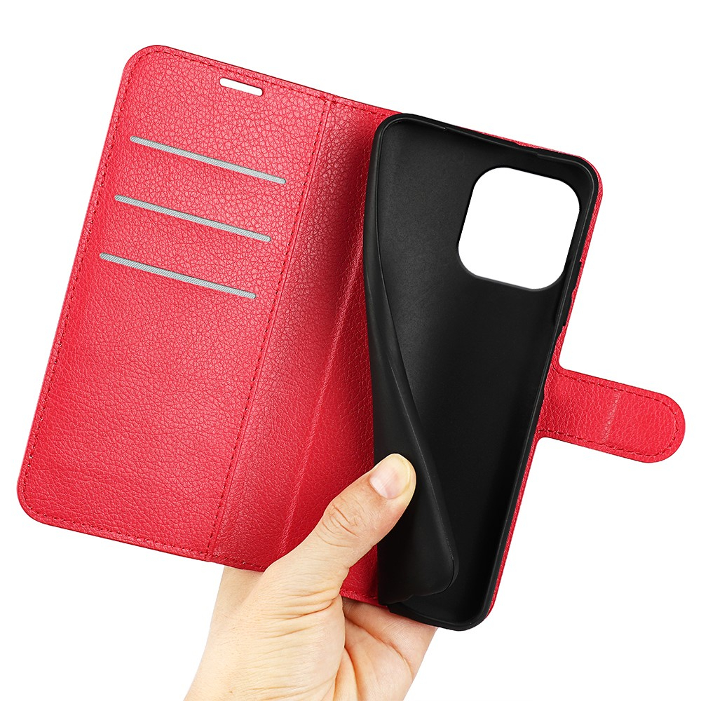 iPhone 15 Pro Max Leder Tasche Flip Cover Litchi Look - Rot