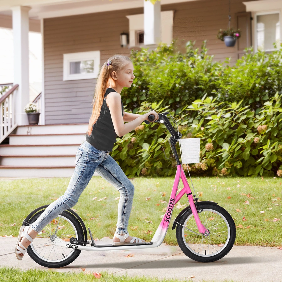 HOMCOM Kinderroller mit Vorderkorb rosa, weiß