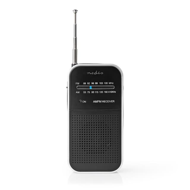 Nedis FM-radio | Bærbart design | AM / FM | Batteri | Analog | 1.5 W | Sort hvid skærm | Hovedtelefonudgang | IP20 | Aluminium / Sort