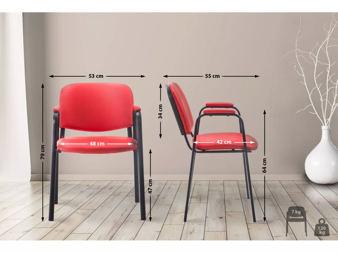Chaise de conférence - Similicuir & Métal noir mat - Rouge - Ken Pro