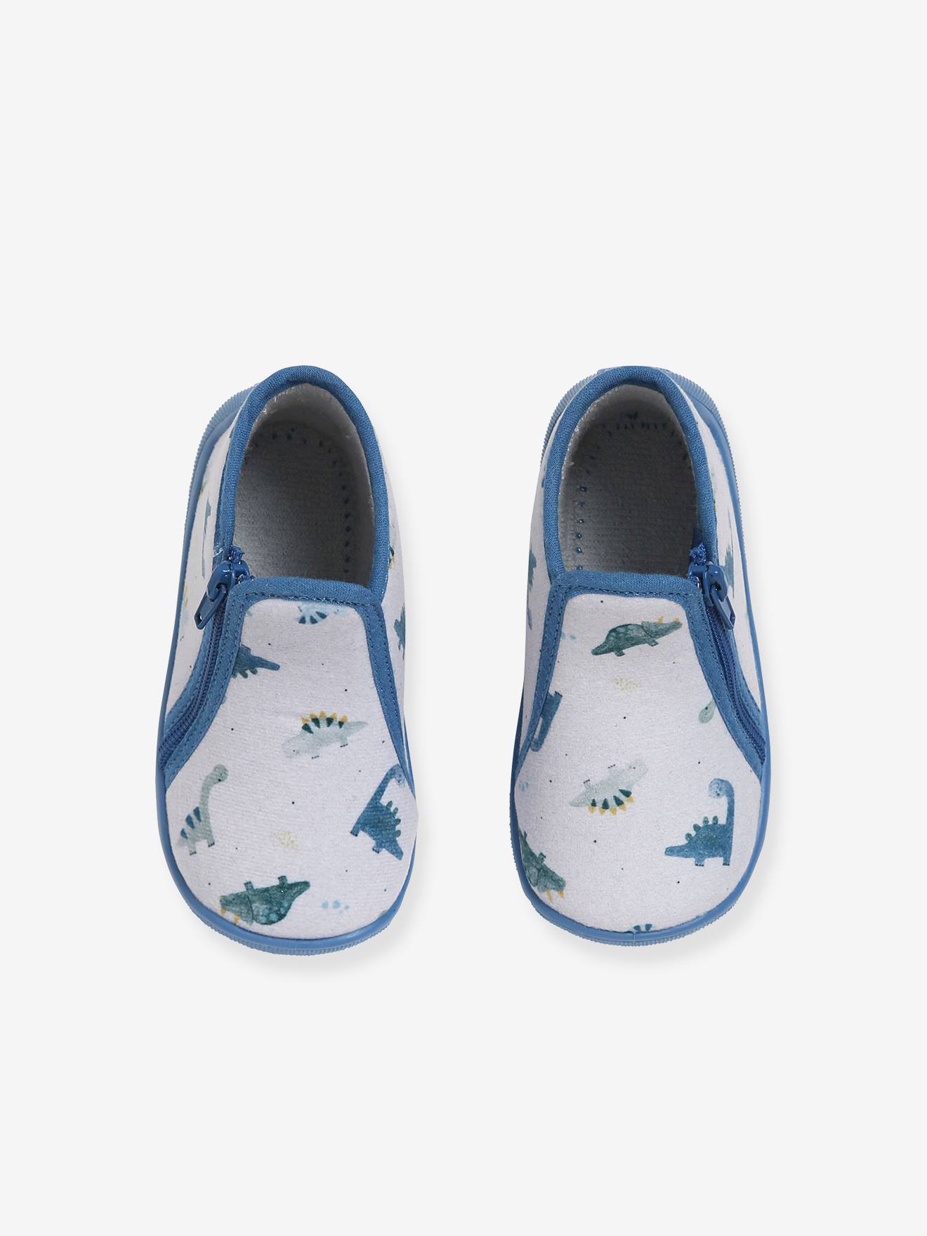 Pantufas de casa com zíper para bebê menino, fabricadas na França, estampa cinza claro
