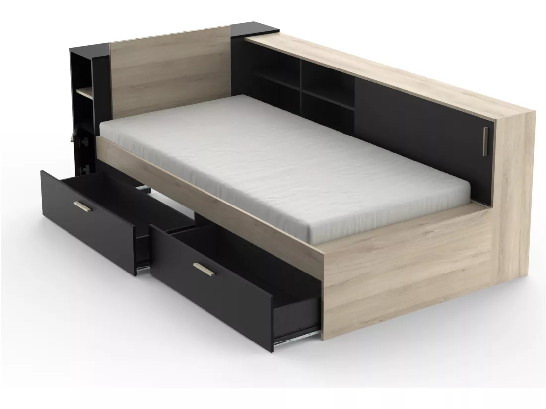 Lit modulable 90 x 190/200 cm avec rangements - Noir et naturel + Sommier - LIARA