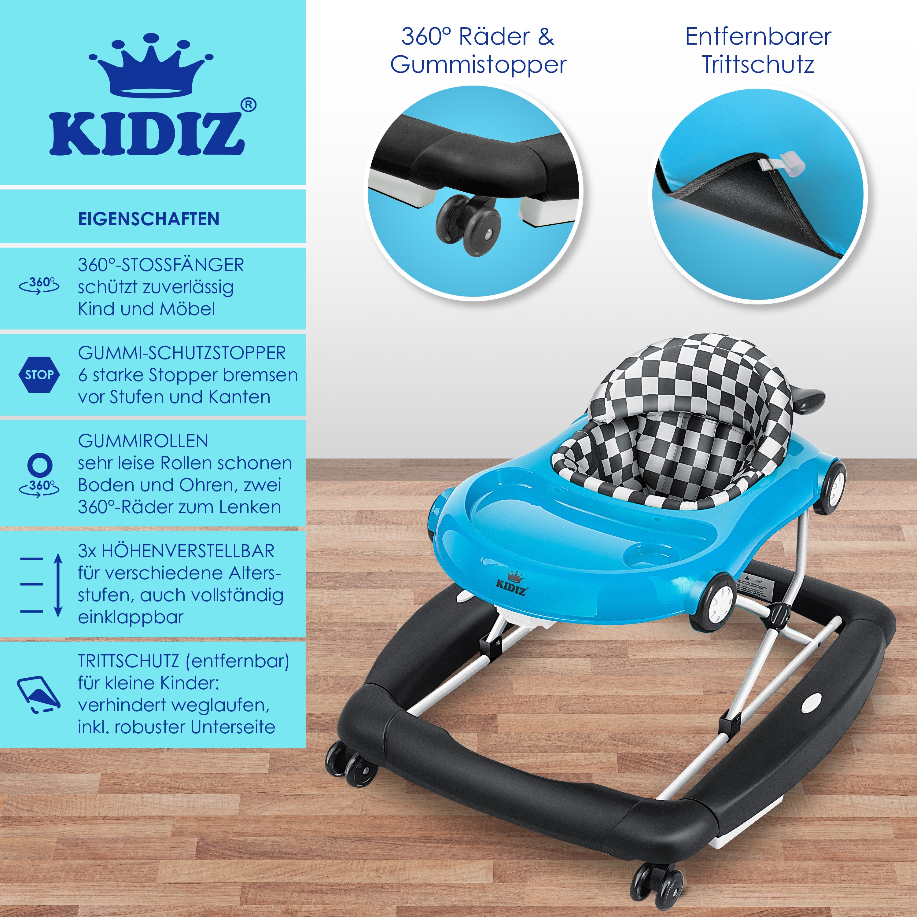 KIDIZ® 4in1 Lauflernhilfe Babywalker Spiel- und Lauflernwagen Gehfrei - Schaukelfunktion Babywippe mit Rollen, Licht, Musik ,Spielecenter Esstisch Laufstuhl Laufhilfe babys ab 6 Monaten Klappbar