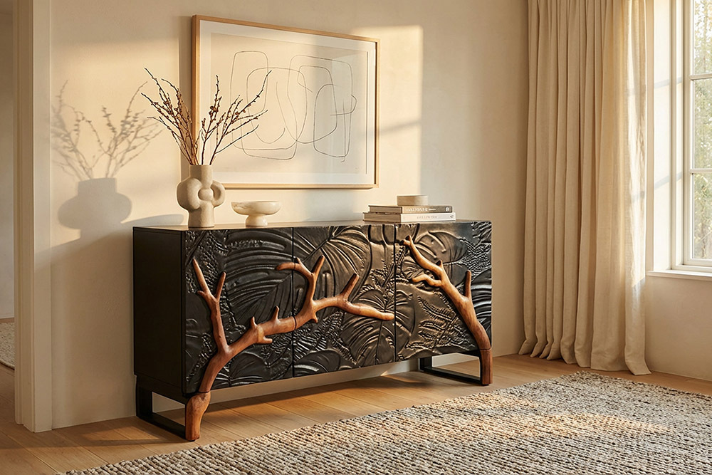 Massives Sideboard FOREST 160cm schwarz braun Mangoholz sechs Fächer 3D-Front