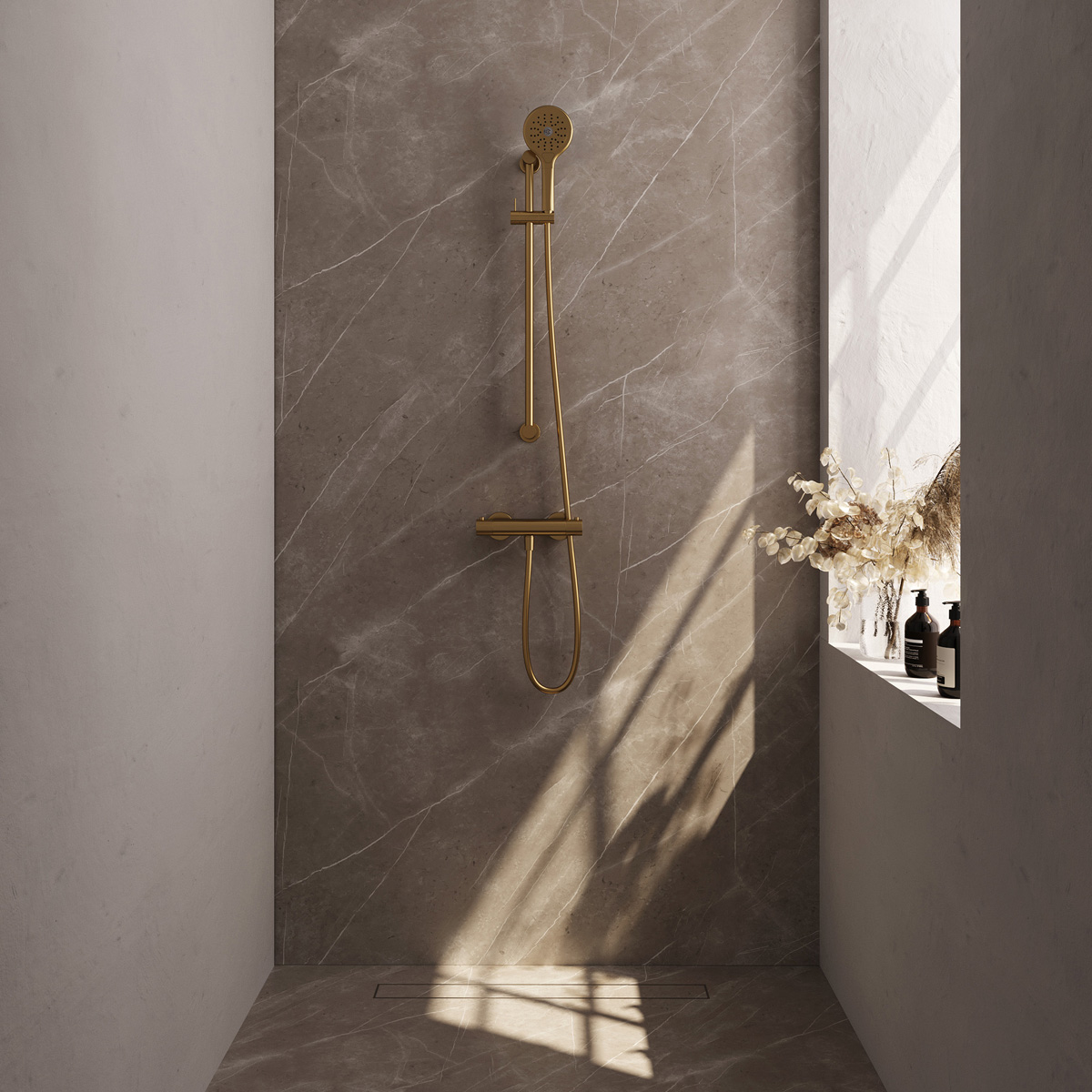 Brauer Stripe thermostatische douchekraan met glijstang en 3 standen handdouche messing geborsteld PVD