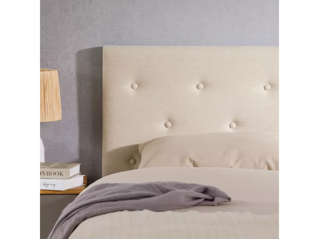 Tête de lit LULINE 160 capitonnée, En tissu rembourré, Pieds en bois, Design élégant, Pour lits 160 cm, Écru