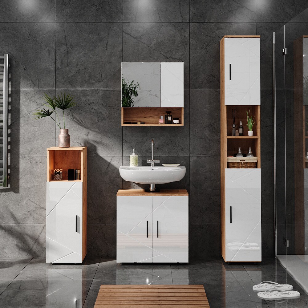 Vicco Badmöbelset Irma Eiche Weiß Hochglanz modern Badezimmerschrank Badschrank Badezimmermöbel Waschtischunterschrank Spiegelschrank Hochschrank Midischrank Schranktür Schrankfach