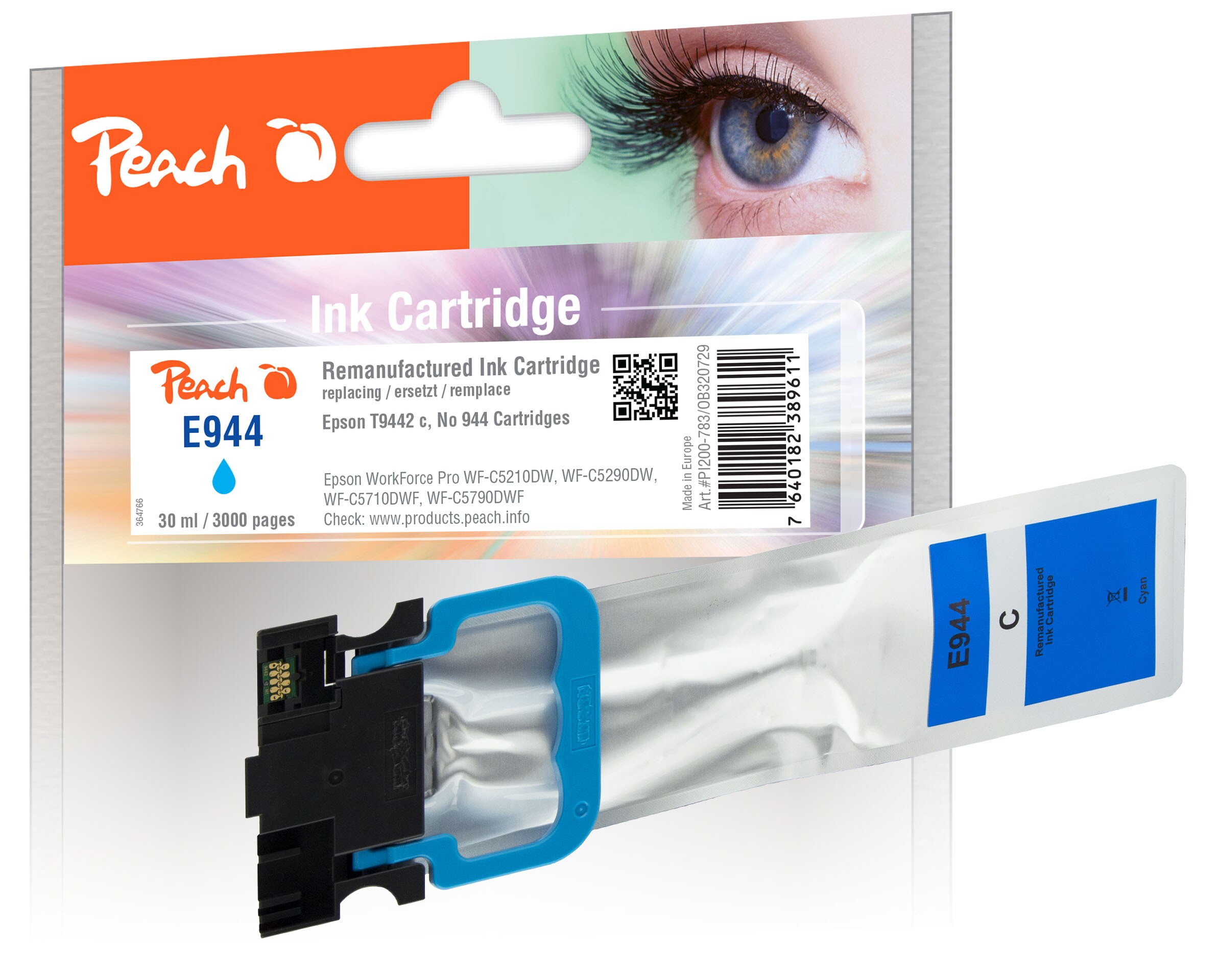 Peach E944/945/946 Druckerpatrone cy ersetzt Epson T9442, No. 944C, C13T944240 für z.B. Epson WorkForce Pro WFC 5210 DW, Epson WorkForce WFC 5200 (wiederaufbereitet)