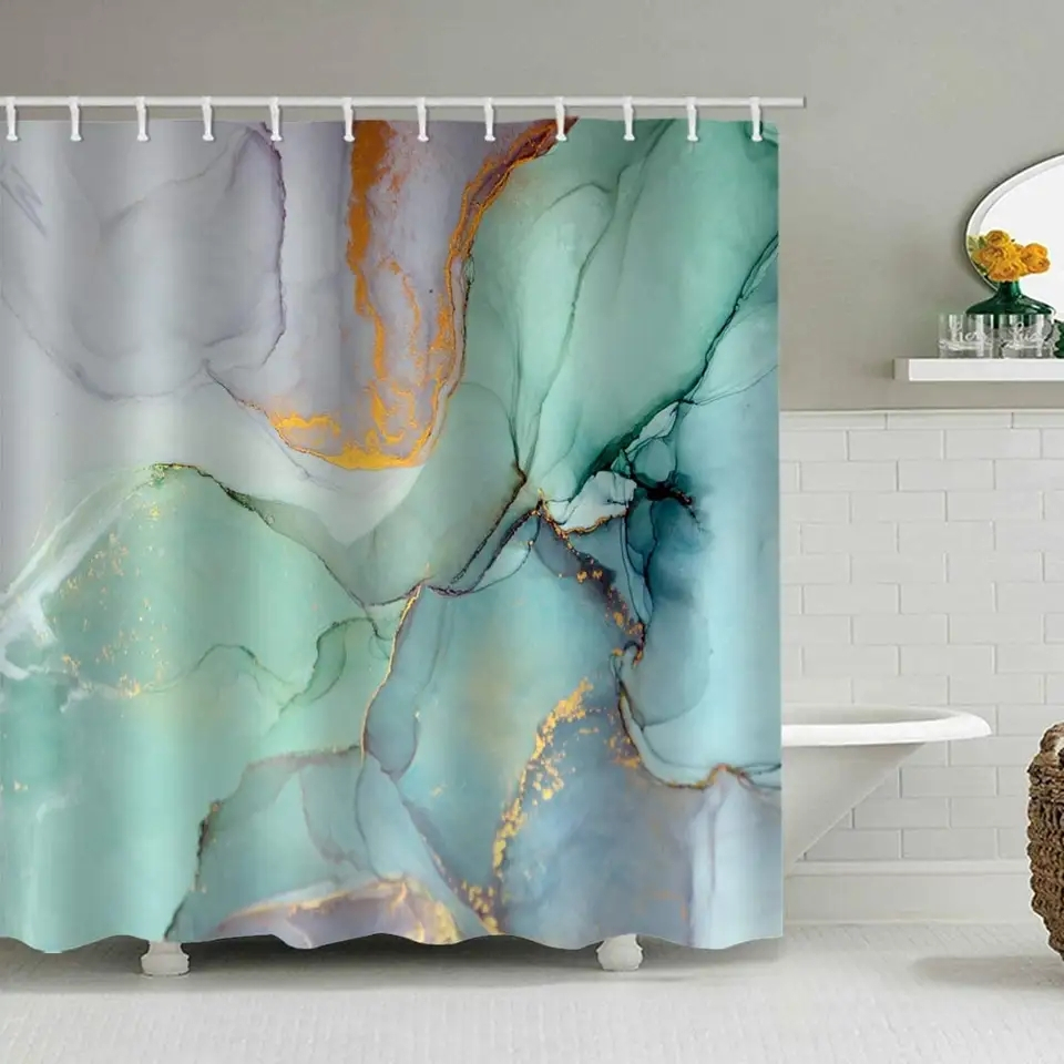(180x180cm) Anti-Schimmel Marble Duschvorhang inkl. 12 Duschstangen Ringe - Grün / Violett