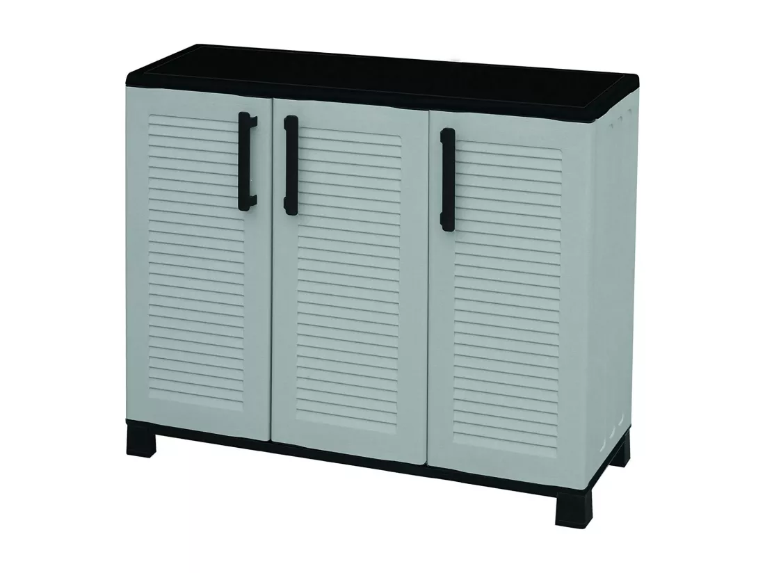 Armoire d'extérieur Pelt, Armoire de balcon polyvalente, Armoire d'extérieur 3 portes, 100% Made in Italy, 102x37h90 cm, Gris clair et noir, Finition rayée