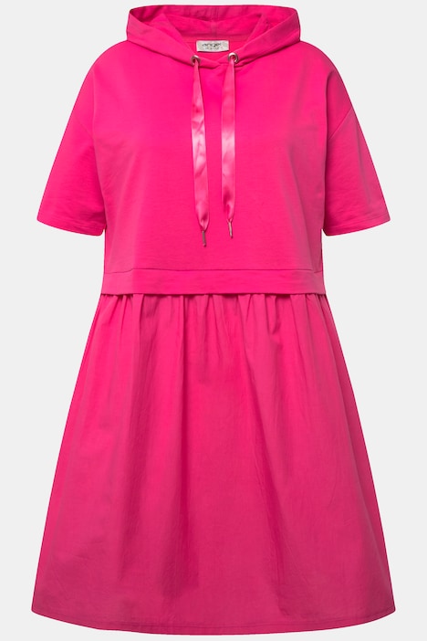 Kleid, oversized, Materialmix, Kapuze, Halbarm