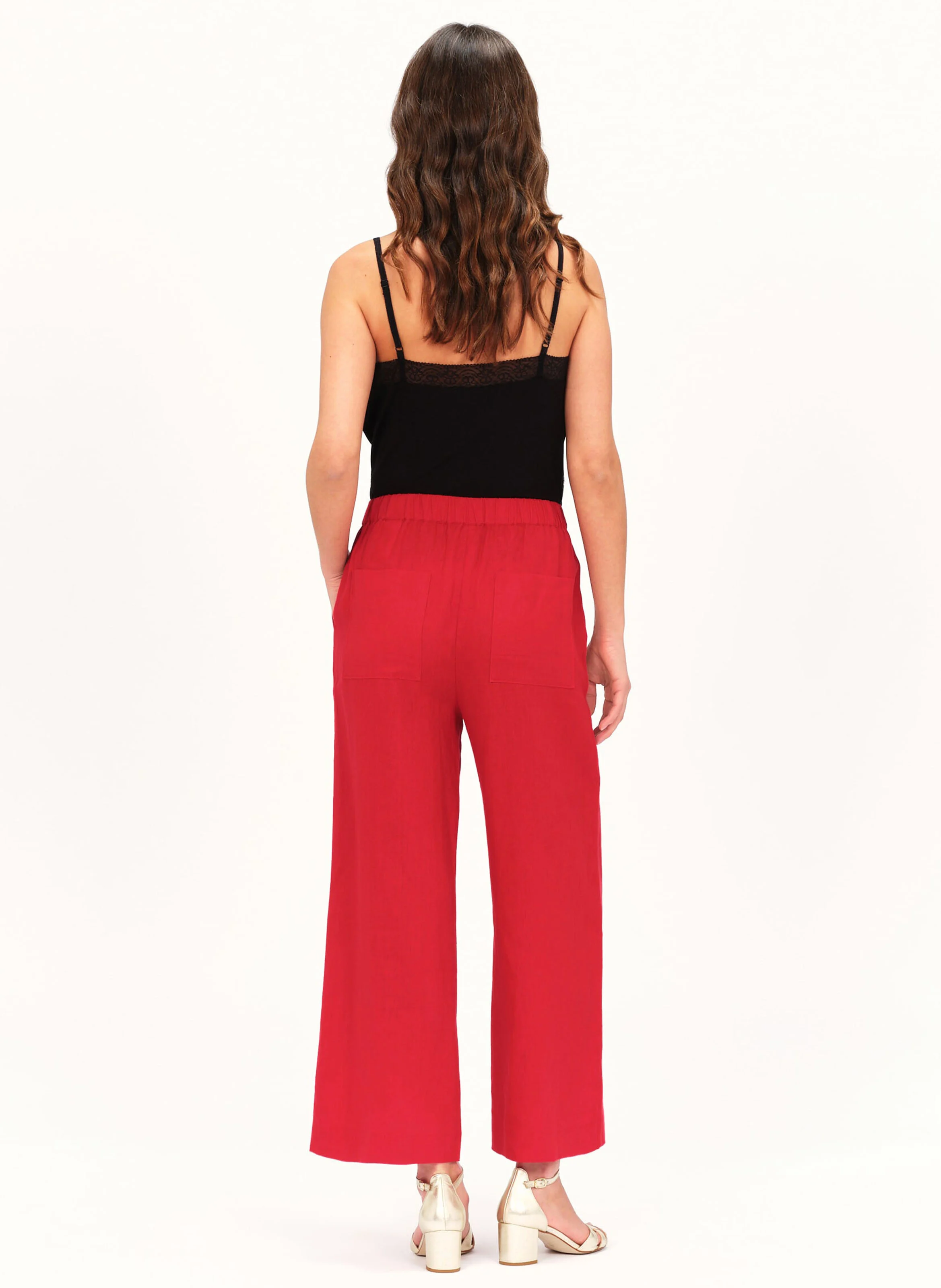 PANDI - Pantalon large taille haute en lin | Rouge