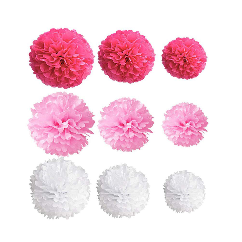 (18er Set) Papier Pompon's Deko Party / Geburtstag / Hochzeit - Pink / Weiss