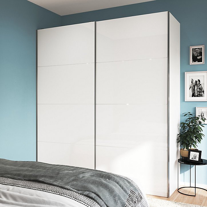 Portes de placard coulissantes 2 vantaux panneaux blancs brillants GoodHome Atomia H. 225 x L. 200 x ép. 5,5 cm