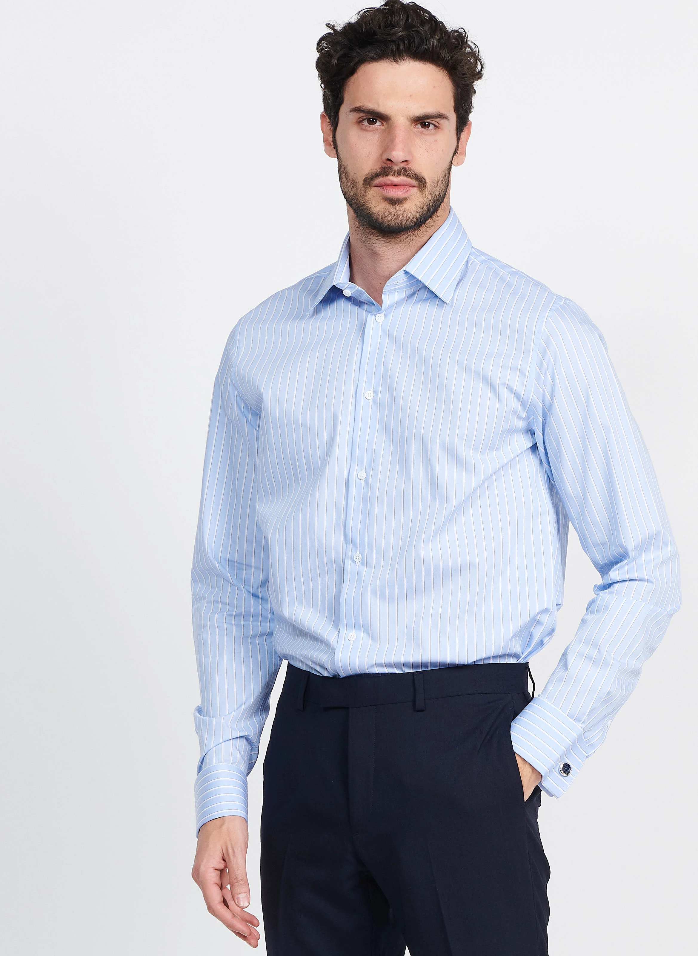 Chemise col classique regular-fit rayée en coton| Bleu