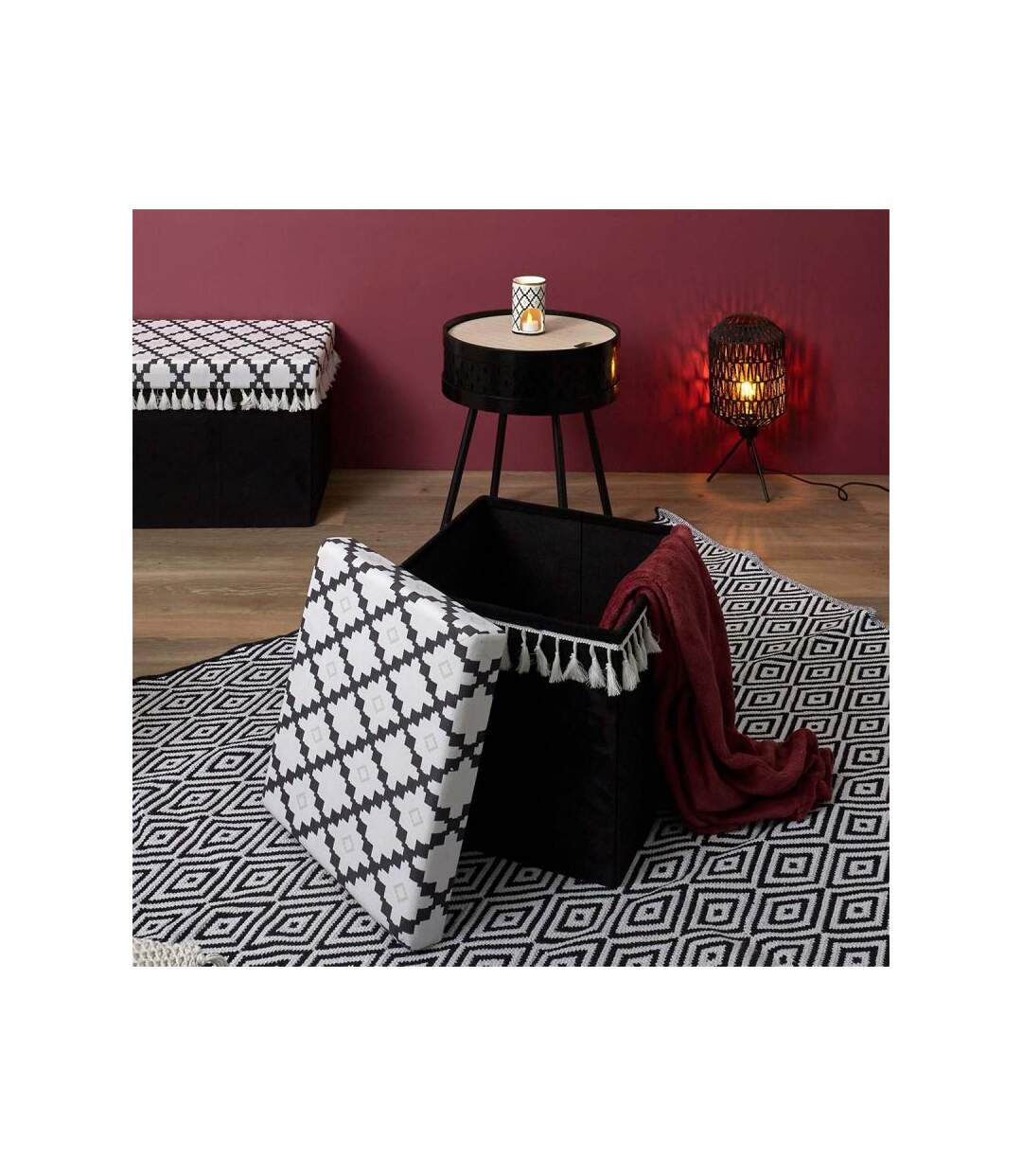 Paris Prix - Pouf Pliable & Coffre mirage 38cm Noir & Blanc