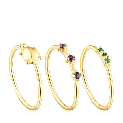 Conjunto de três anéis com banho de ouro 18k sobre prata e pedras preciosas - Jardim Virtual