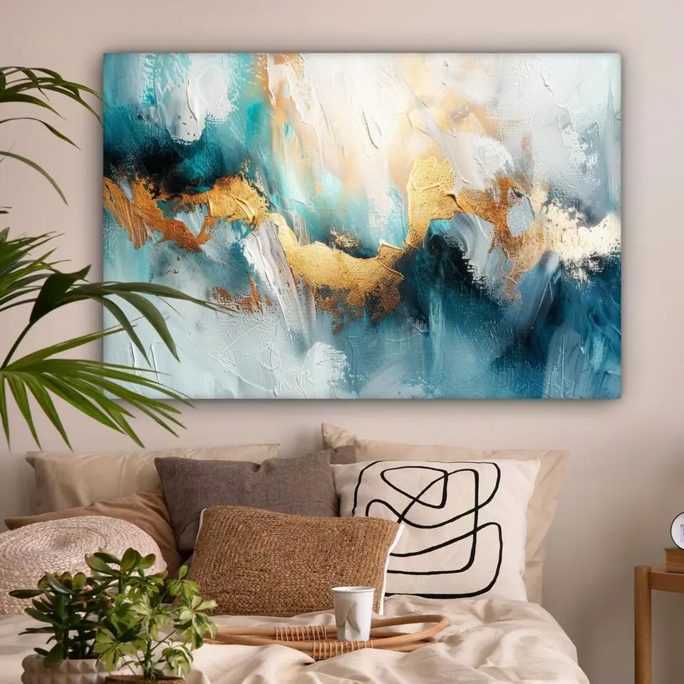 MuchoWow Canvas Schilderij 120x80cm Abstract Kunst Gold Blauw
