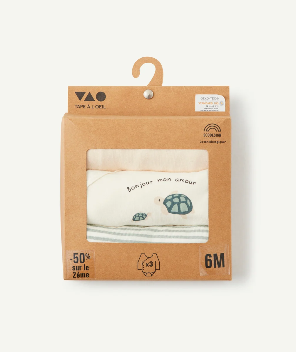 LOT DE 3 BODIES EN COTON BIO ÉCRU BEIGE ET IMPRIMÉ VERT À RAYURES