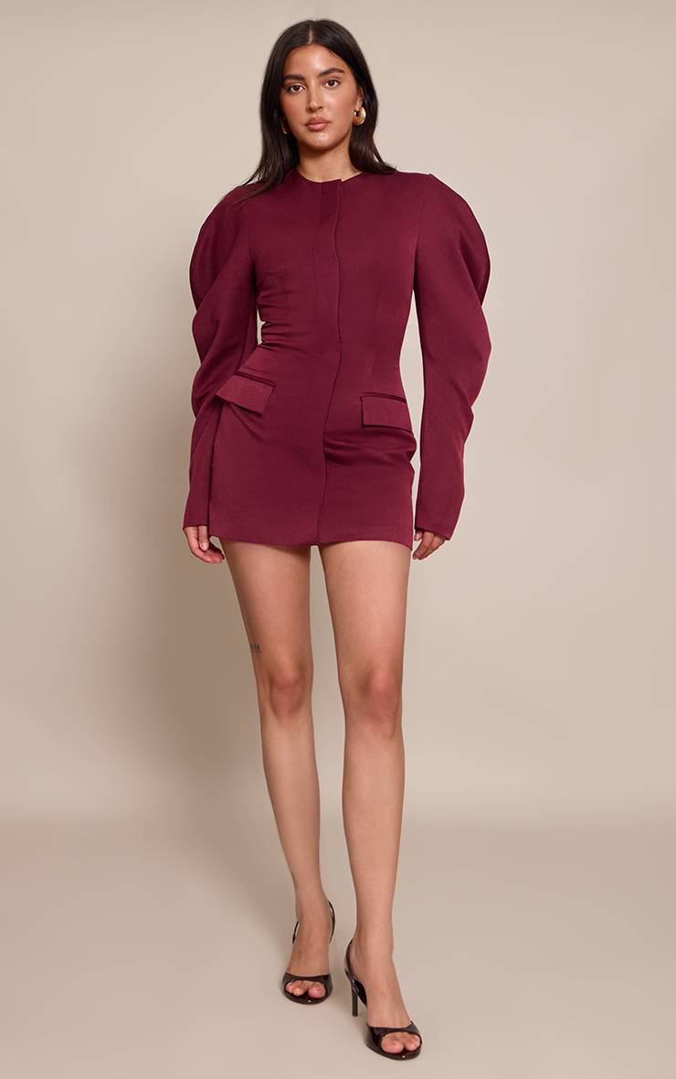 Dark Plum Robe Blazer Boutonnée À Manches Cocon En Tissage Prune Profond