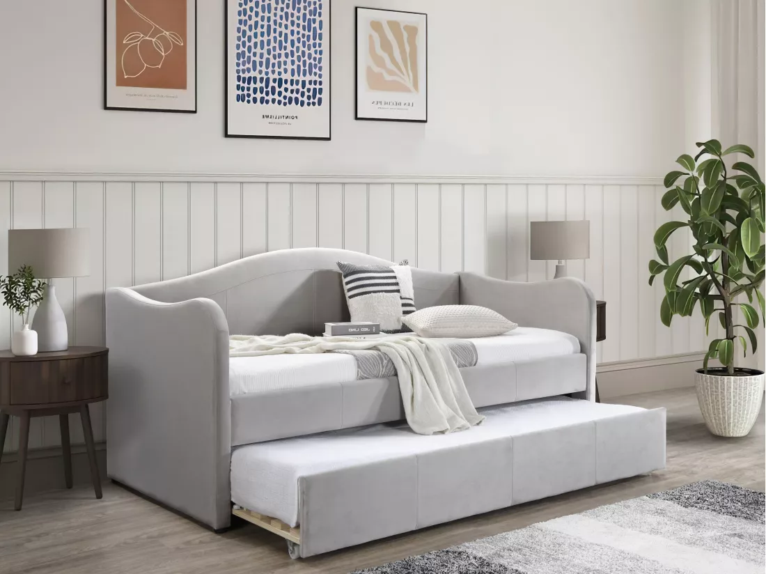 Lit banquette gigogne 2 x 90 x 190 cm - Velours - Gris clair + Matelas - MATHILDE