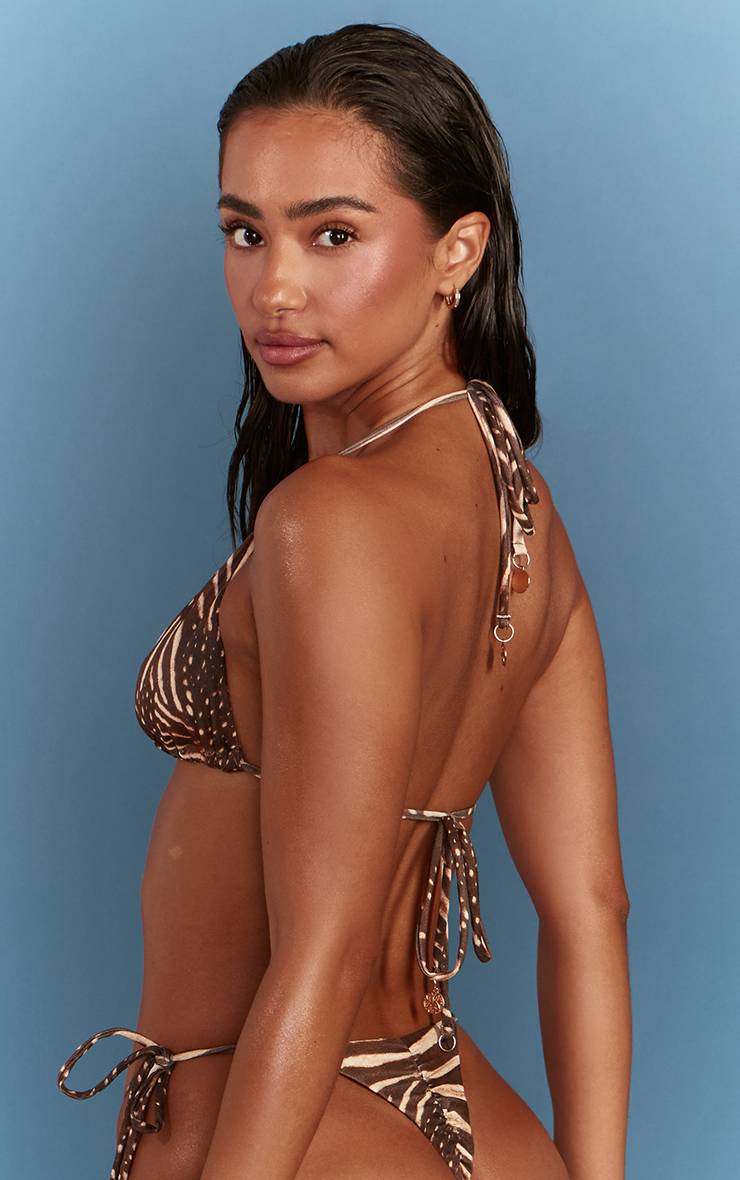 Marron Bas De Bikini String À Imprimé Animal Mixte Avec Fronces Sur Les Fesses