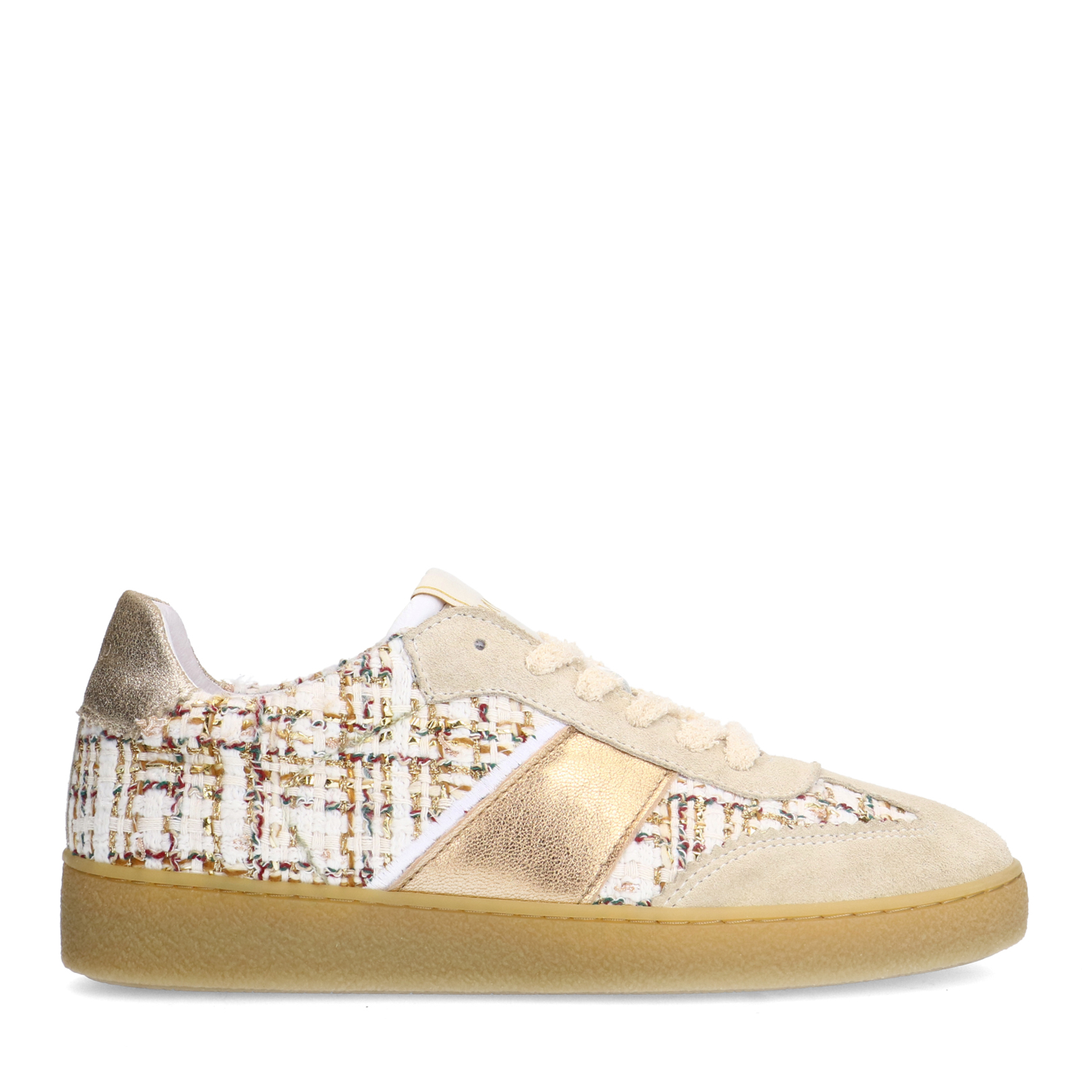 Beige bouclé sneakers met gouden details