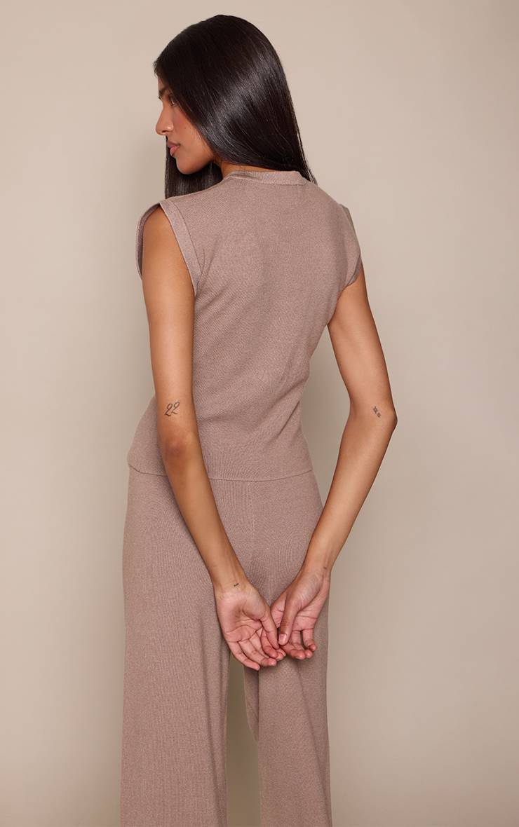 Taupe Haut En Maille À Manches Courtes Boutonné Sur Le Devant