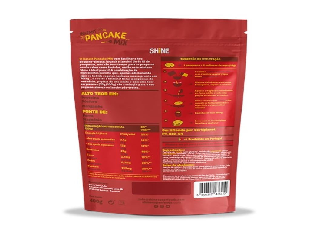MIX PANQUECA SHINE INSTANTÂNEA AMENDOIM E CHOCOLATE BIO SEM GLÚTEN 400G