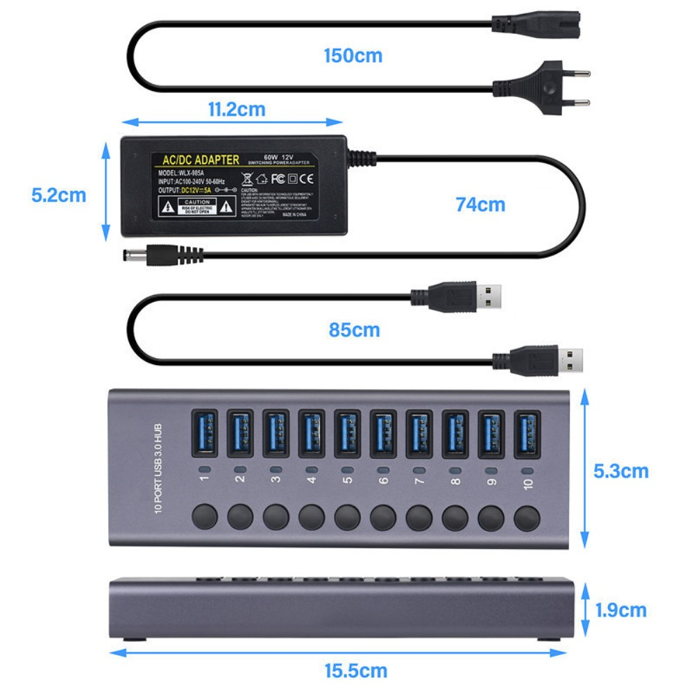 10-fach Aktiver Aluminium USB 3.0 Hub Steuerung Tastenschalter 300Mb/s   Netzteil (12V/5A) - Schwarz